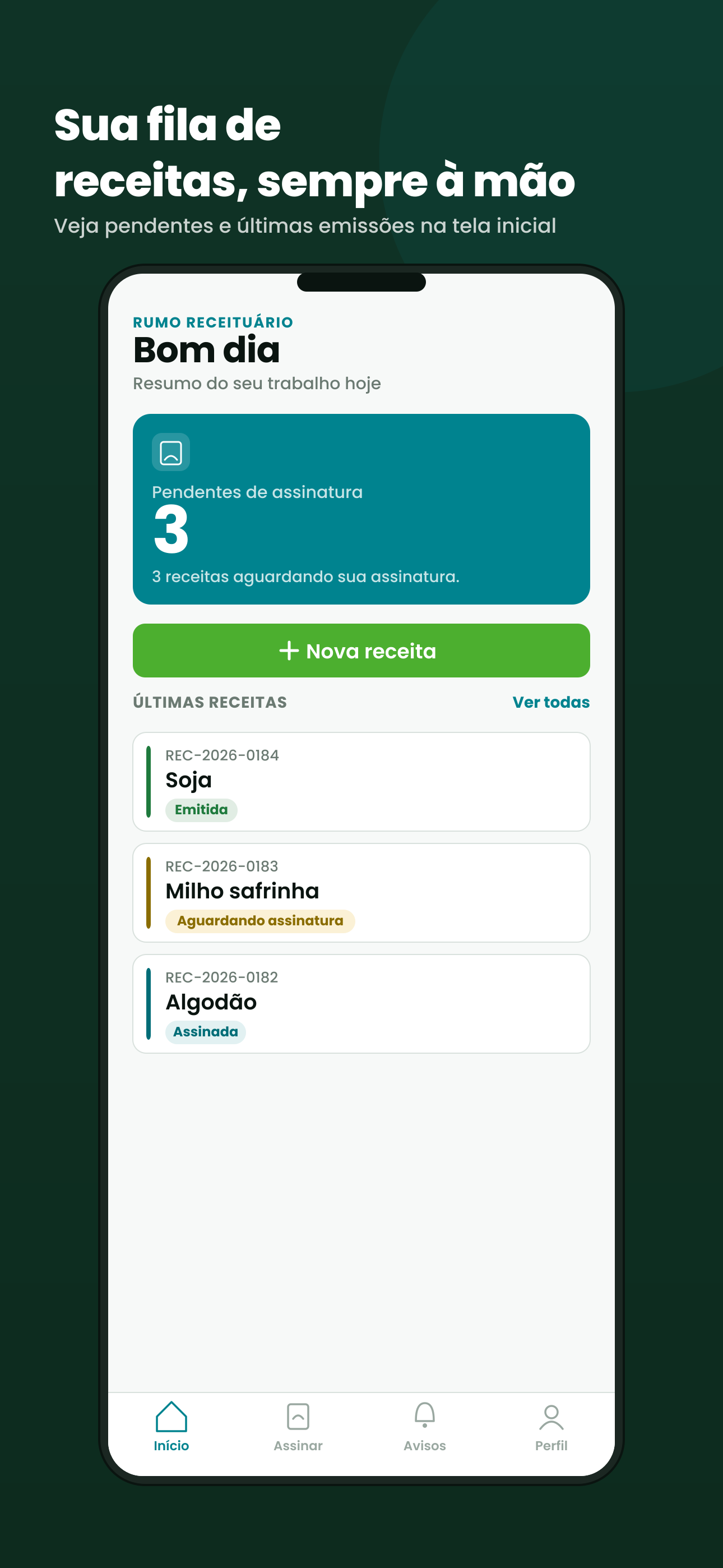 Tela inicial do app Rumo Receituário com as receitas recentes