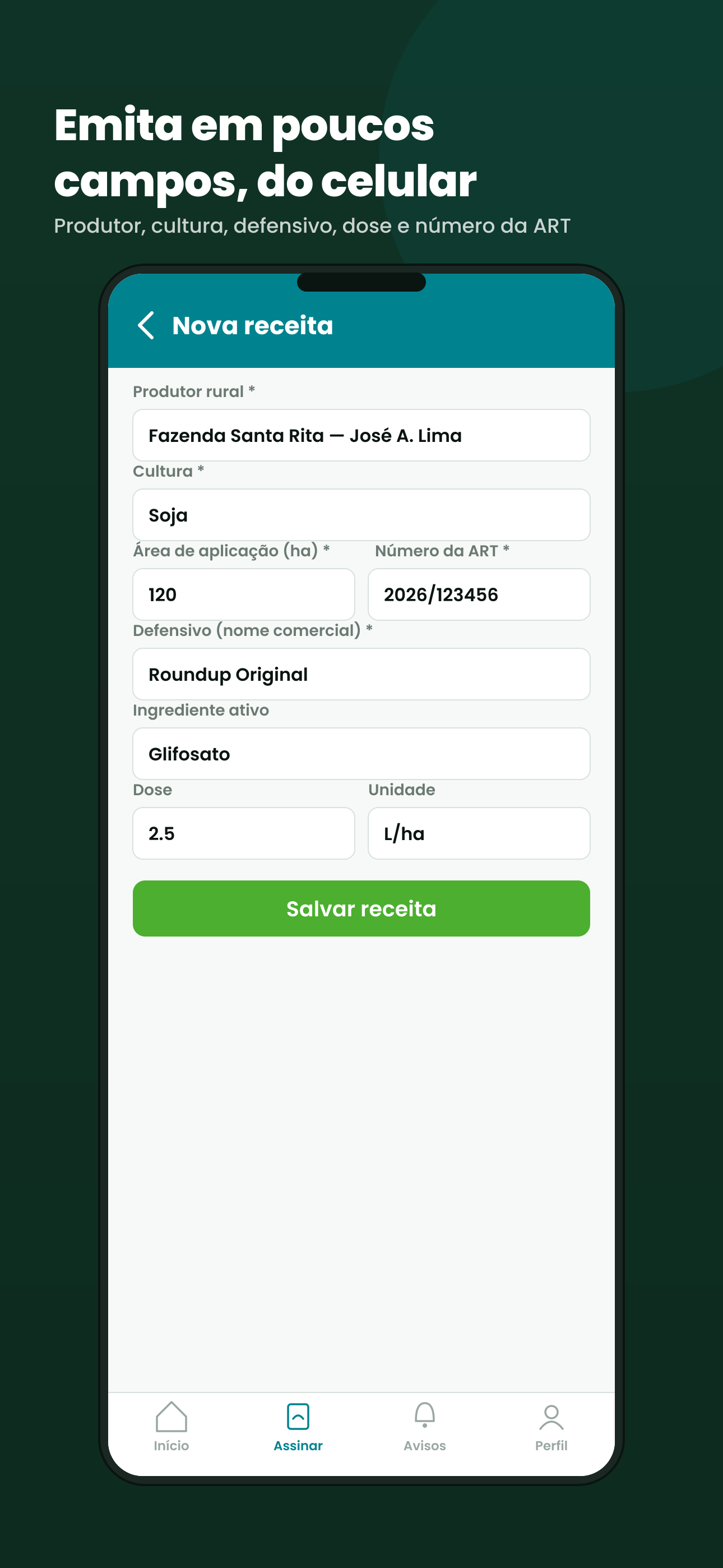 Tela do app Rumo Receituário para criar uma nova receita agronômica